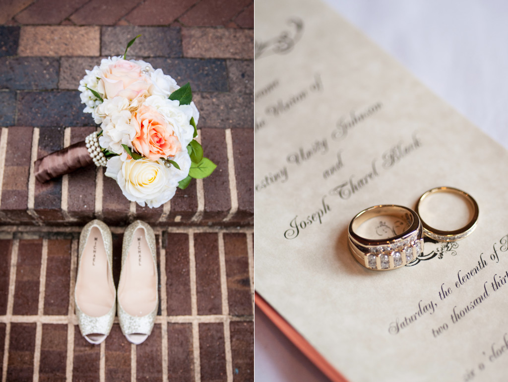 wedding photography of bouquet and bride's shoes with wedding program and rings