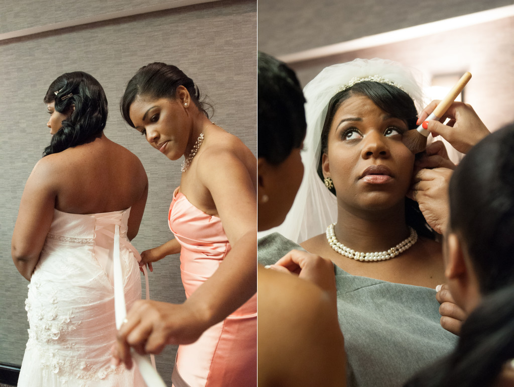 bride getting dressed and bride's makeup being applied