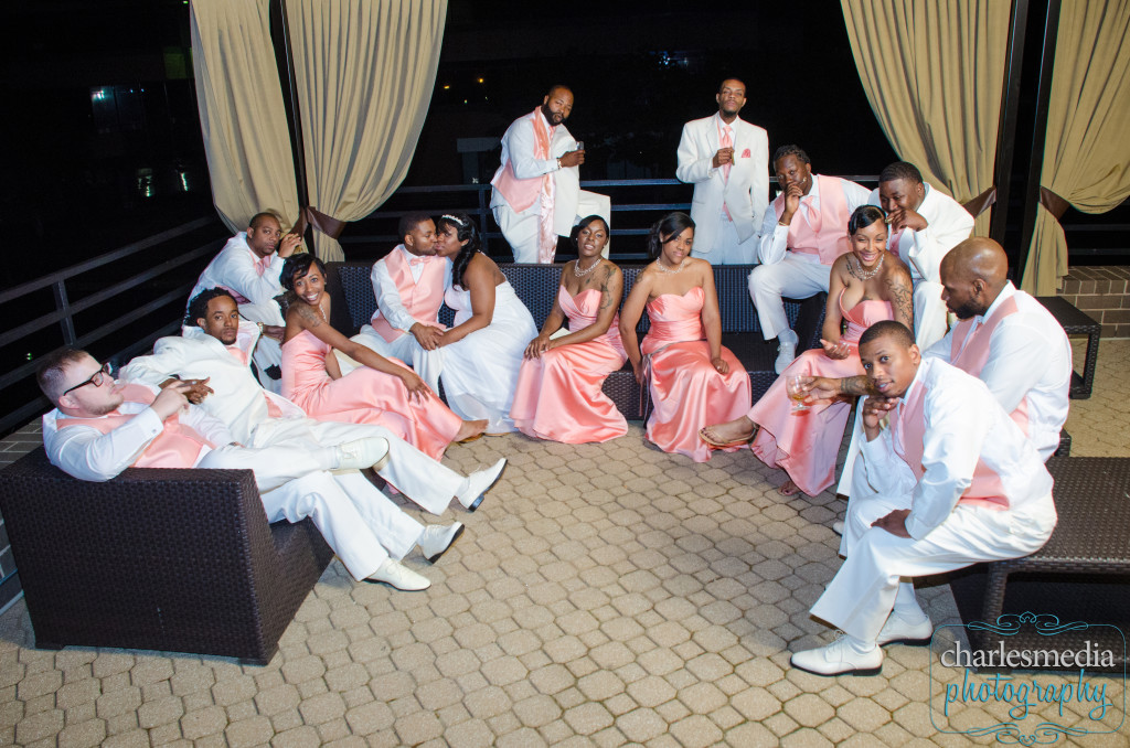 Bridal Party nighttime group portrait at Hilton University Place charlotte nc