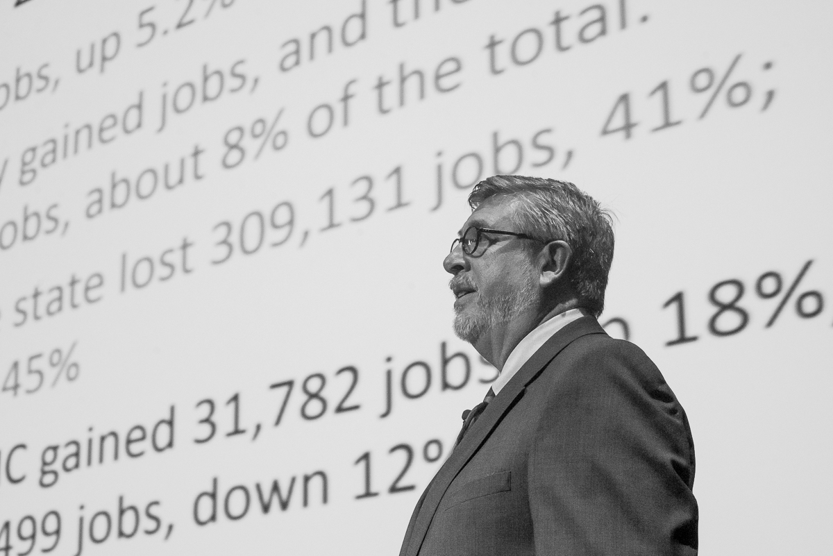 Ted Abernathy discusses the State of The Region at the Piedmont Triad Partnership event at High Point University