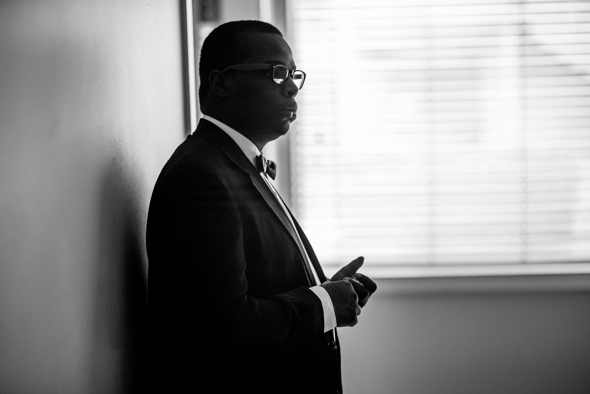 Black and white image of program usher